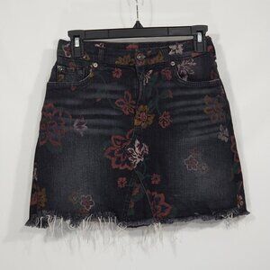 7 for all Mankind Floral Black Denim Mini Skirt Raw Hem Dark Romantic Grunge 27"